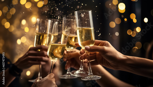 Hands holding glasses with champagne, christmas and new year concept