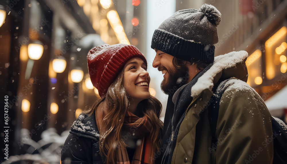 Couple walking on the streets of winter city, Christmas and new year concept