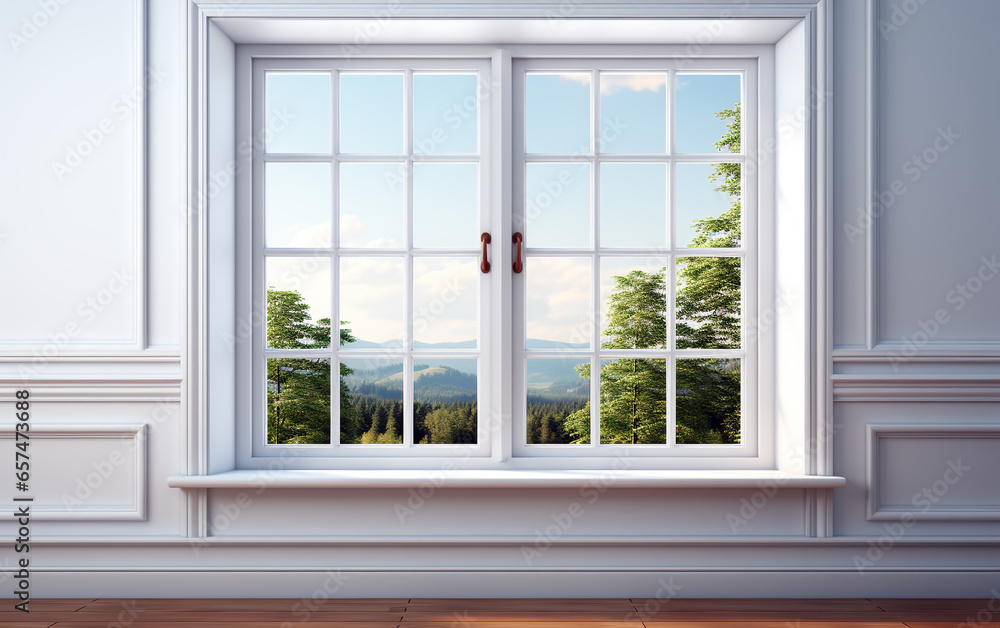 Obraz premium White big window with a forest view