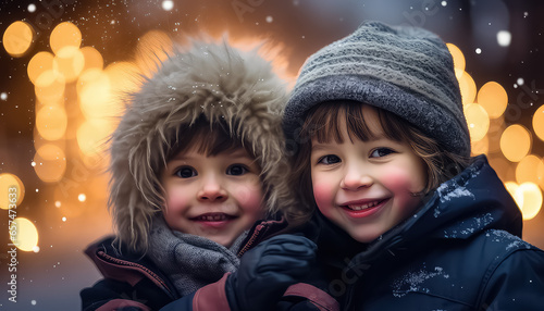 Two children in winter clothes, christmas and new year concept