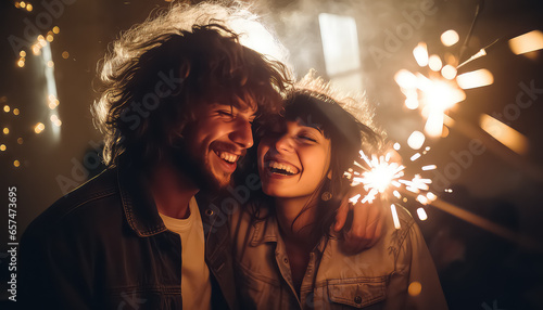 couple holding sparkler in hand, christmas and new year concept
