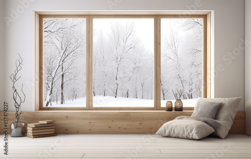 Luxurious villa living room with a snowy scene in the background © JuanM