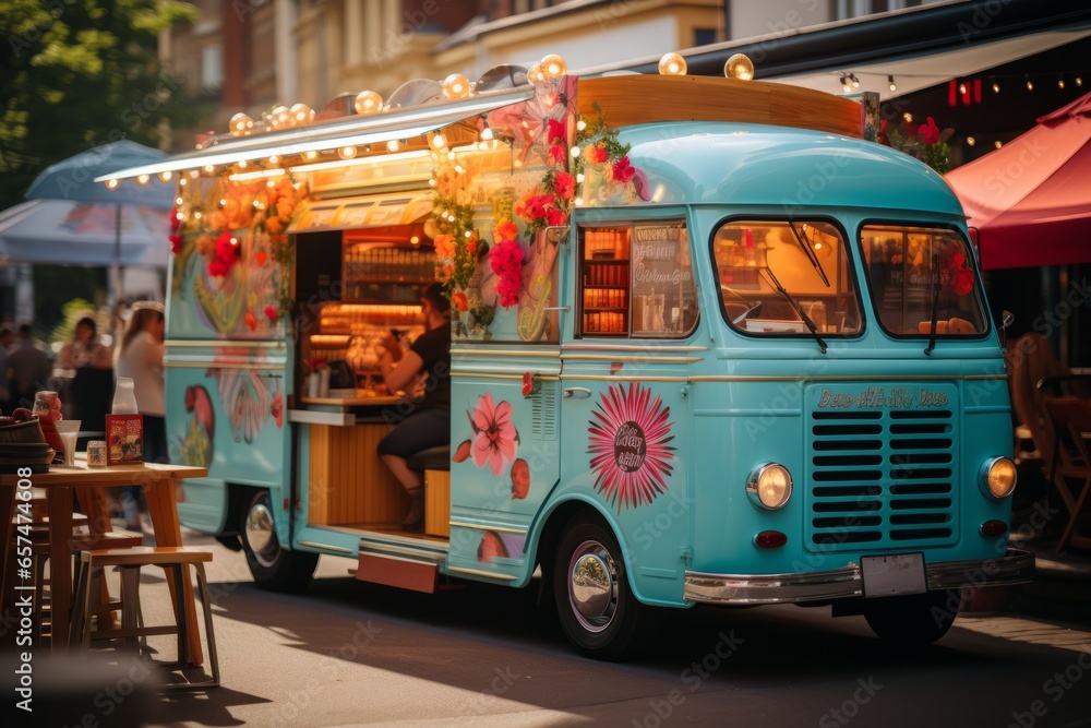  Vintage-style food truck with colorful signage and a bustling crowd, Generative AI