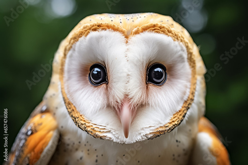 The close up detail of a majestic common barn owl, Tyto albahead, in the forest, on a black background, Generative AI. © Surachetsh