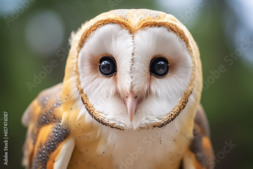 The close up detail of a majestic common barn owl, Tyto albahead, in the forest, on a black background, Generative AI. © Surachetsh