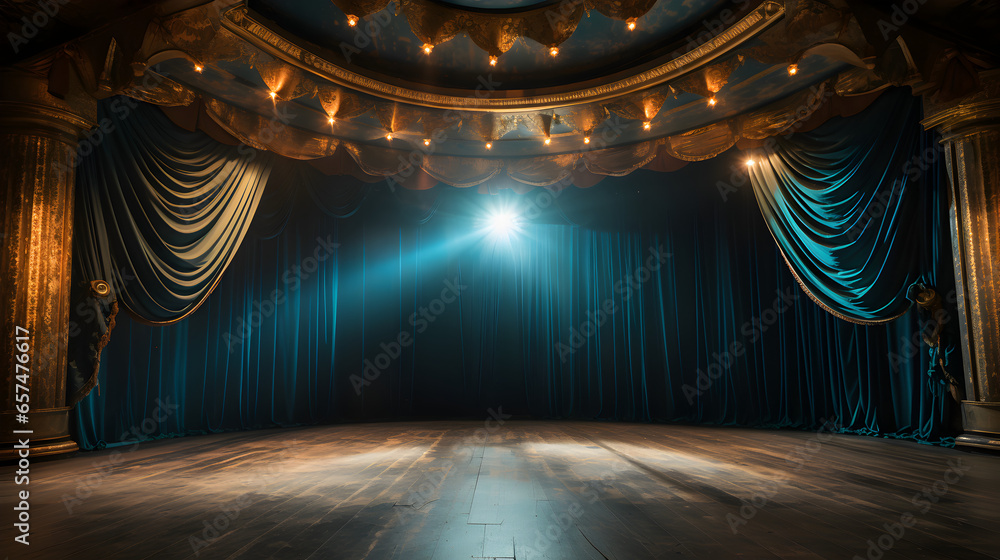 Stage Set with Spotlight and Curtains Ready - obrazy, fototapety, plakaty 