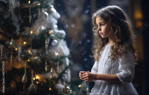 a girl decorates christmas tree at home for a photo shoot