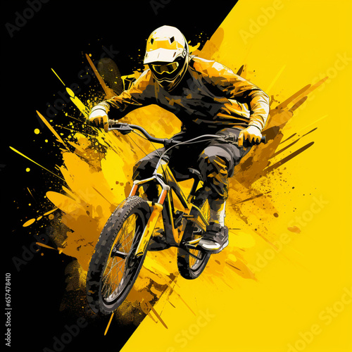 Man doing tricks with the bmx on a yellow background. Bike stunts.