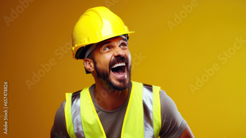 Young handsome worker man wearing uniform and security helmet Crazy and scared afraid and surprised of shock with open mouth on yellow background