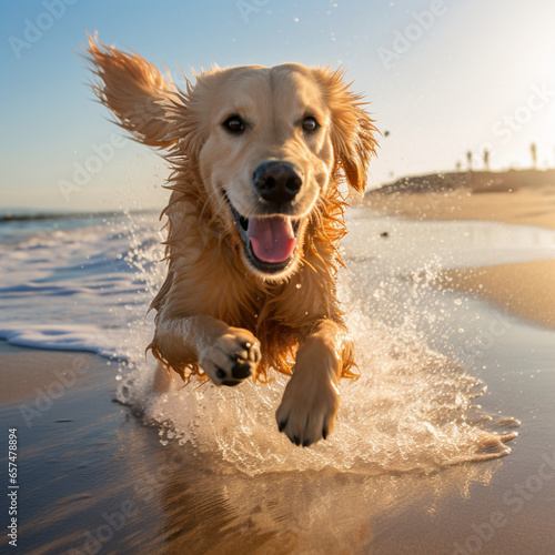 Dog running happy on the beach.