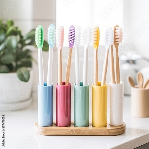 Holder with plastic toothbrushes.