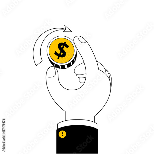 Hand holding a coin. Vector illustration in cartoon style. An illustration on the topic of cashback.
