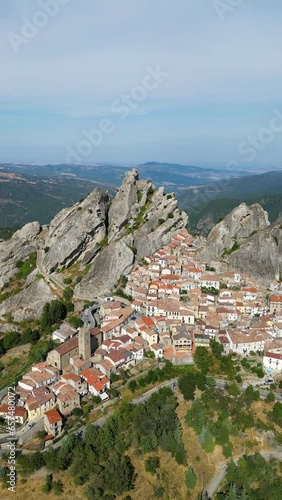 Aerial view of Pietrapertosa, Italy: a small village on a rocky mountaintop