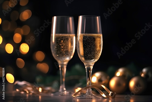 Glasses of champagne. Gift boxes and Christmas tree on background