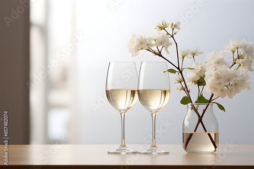 Simplicity in Cheers: a minimalistic shot featuring two wine glasses gently clinking, with the surrounding dining area blurred to create a serene and simple composition.