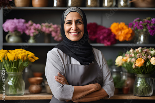 Portrait of a happy hiyab mature woman with burqa standing in her flower shop. Standing at the entrance is a successful small business owner in an ordinary gray apron. photo
