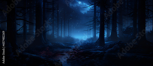 Dark Forest with Dark Blue and Neon Colors, Generative AI