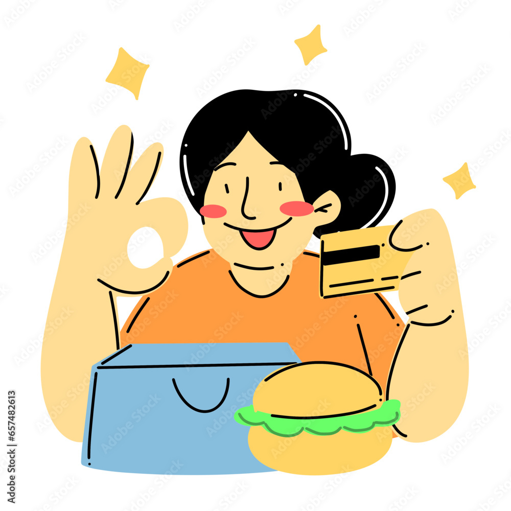 Girl use credit card shopping online 2D illustration Girl use credit card shopping online 2D illustration