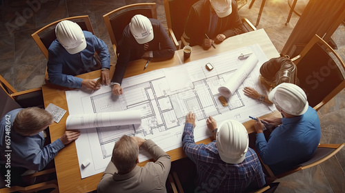 Top view of group of engineering team is meeting, planning construction work, Architects looking paper plans at construction site, overhead view,Concept for team work photo