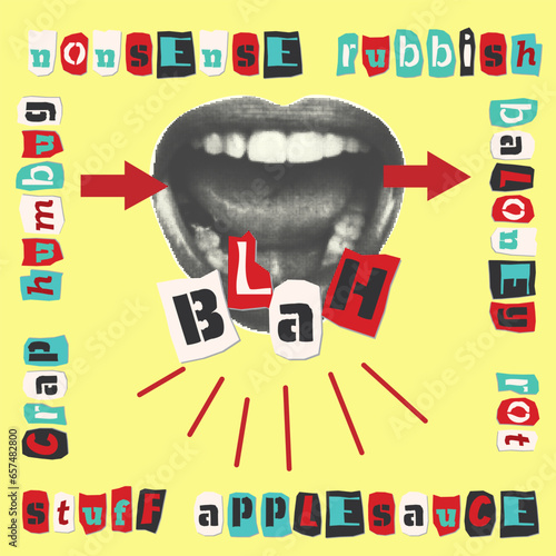 Trending halftone style collage poster. Scream, hate, fake news concept. Open mouth, teeth, lips and cut out text . Punk y2k retro magazine clippings on yellow background. Vector illustration.