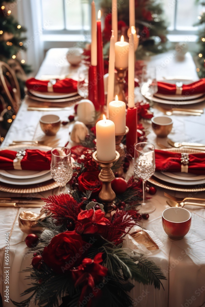 Christmas dinner table decorated with gold and red decorations by Generative AI