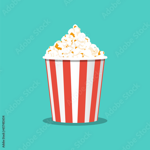 Popcorn box icon flat style. Tasty popcorn in a big red and white paper box. Snack food to watch movies. Vector illustration flat design. Isolated on white background.