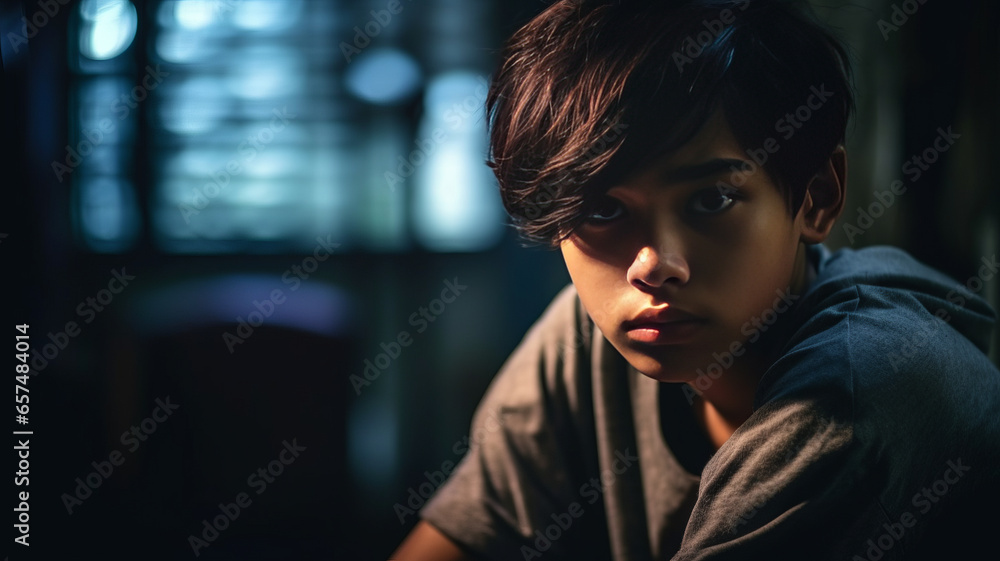 A young Thai teenage boy in despair in a cinematic Style generative ai A young Thai teenage boy in despair in a cinematic Style generative ai