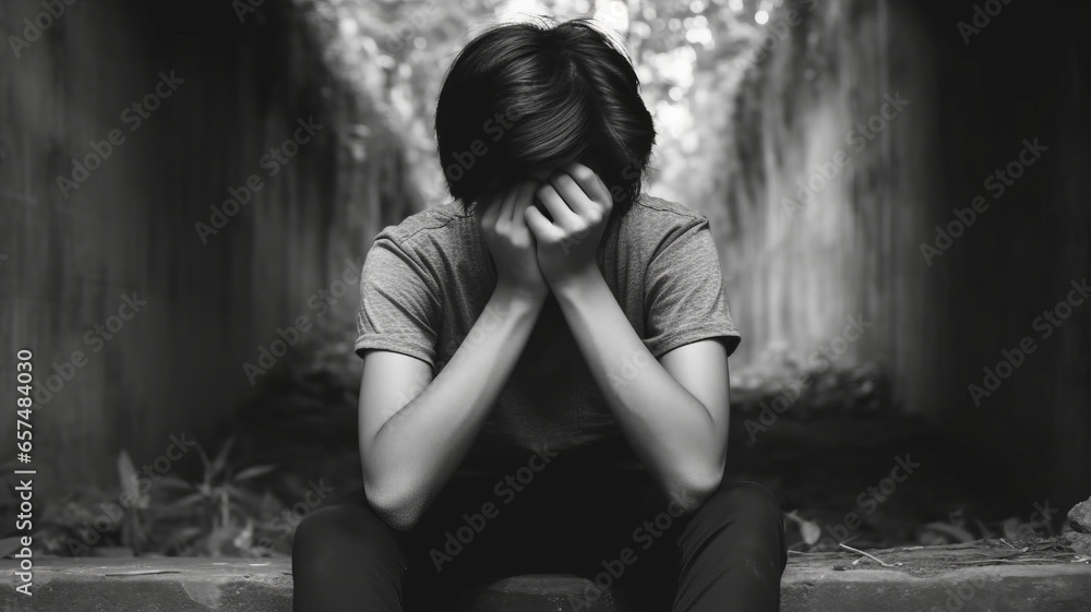 A young Thai teenage boy in despair in a cinematic Styleมgenerative ai. A young Thai teenage boy in despair in a cinematic Styleมgenerative ai.