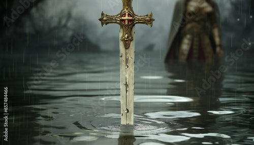 Artistic recreation of the legendary sword Excalibur coming out lake