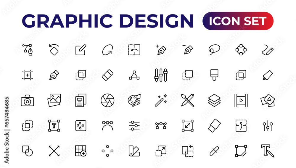 Thin line icons of graphic design. Simple linear icons in a modern style flat, Creative Process. Graphic design, creative package.