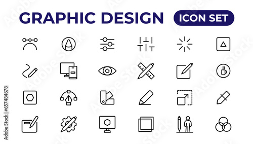 Thin line icons of graphic design. Simple linear icons in a modern style flat, Creative Process. Graphic design, creative package.