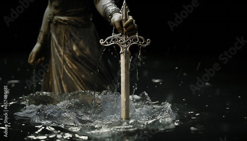 Recreation of the legendary sword Excalibur wielded by the lady of the lake	 photo