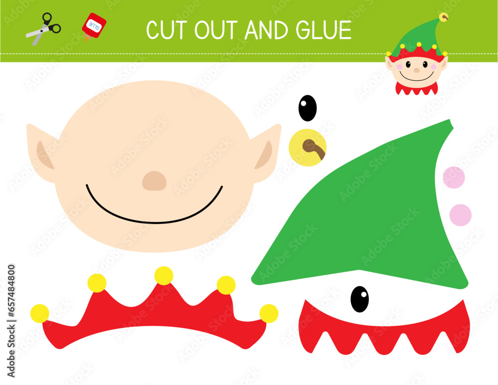 Christmas cut and glue worksheet for kids. Cut and paste the cute elf