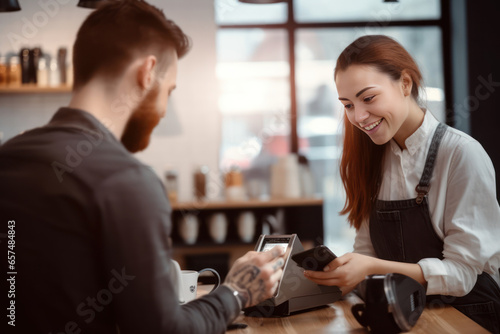 Smiling barista using credit card reader to pay for coffee in cafe