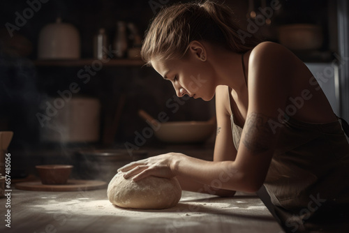 Beautiful young woman kneading dough on wooden table in kitchen