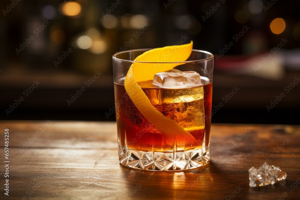 Classic mixed drink with a rustic touch. Ingredients include bourbon, sugar, bitters, and citrus peel. Generative AI
