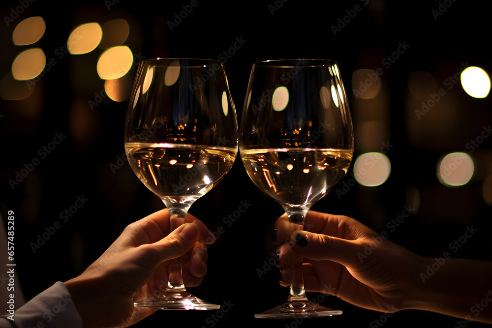 A close-up shot of the hands of friends reaching across the table to clink their wine glasses together in a heartwarming toast. The focus is on the connection and bond between friends.