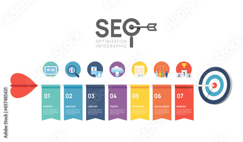 Infographic template seo optimization diagram. Target arrow concept template. SEO Digital presentation layout. 7 option chart steps. vector