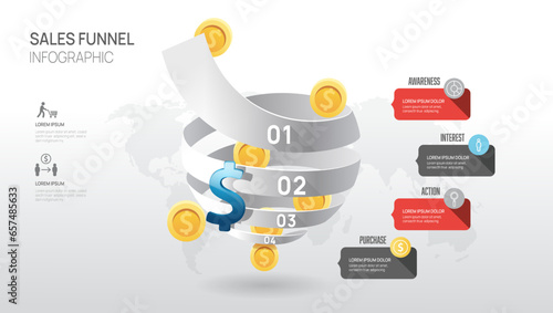 Infographic Sales funnel diagram template for business. Modern  Timeline 4 step level, digital marketing data, presentation vector infographics.