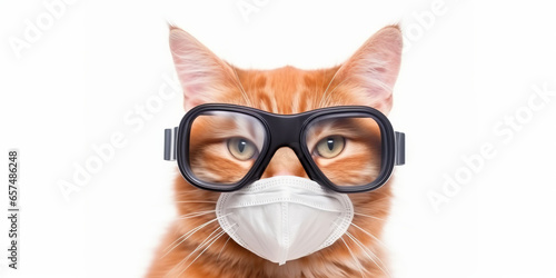 Closeup portrait of ginger cat wearing black sunglasses isolated on white background.generative ai.
