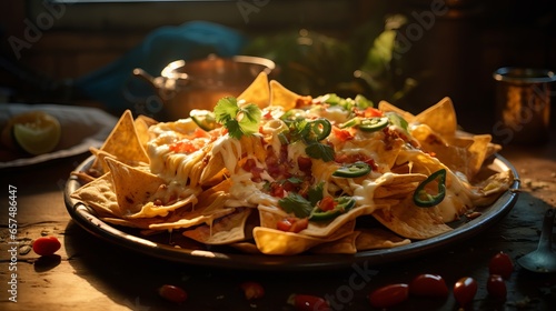 Delicious cheese nachos with salsa, guacamole, and sour cream on a wooden table photo