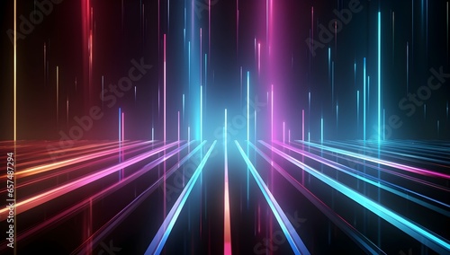 abstract neon background with ascending pink and blue glowing lines. Fantastic wallpaper with colorful laser rays. generative ai