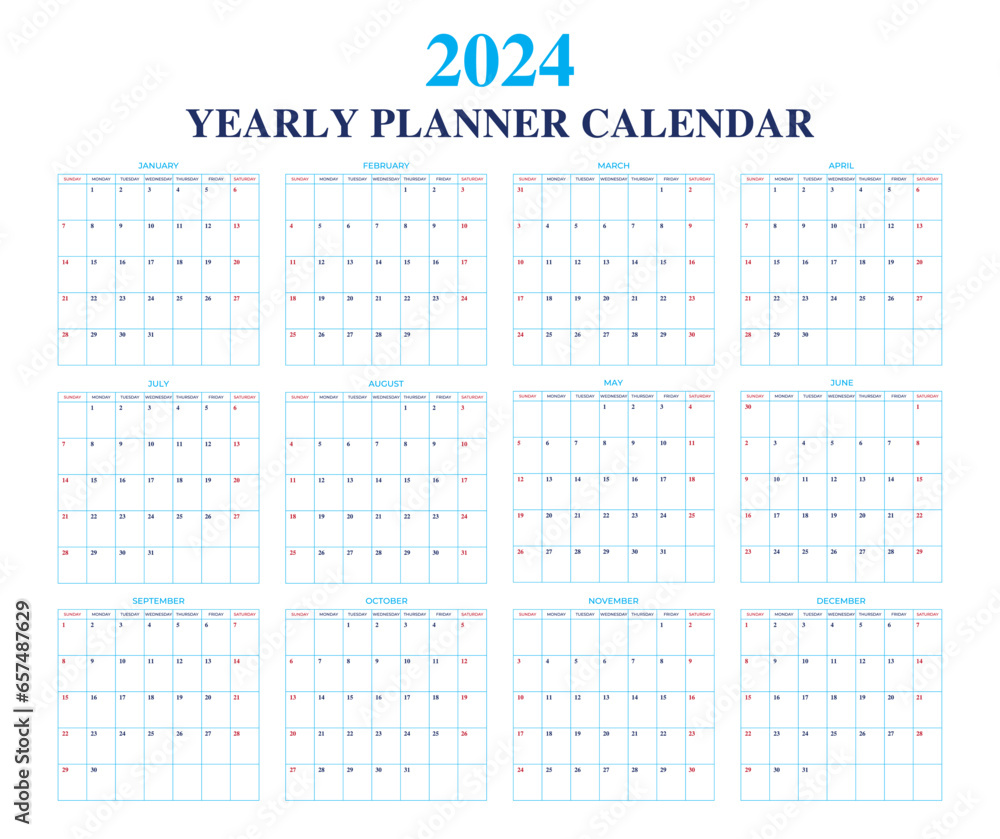 2024 Calendar design and yearly planning templates with Saturday and Sunday red-marked vector.