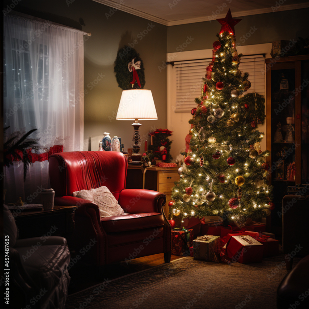semi empty living room with christmas tree lit up with white and yellow lights, red cushion chair in room as well as lit fireplace taken semi empty living room with christmas tree lit up with white and yellow lights, red cushion chair in room as well as lit fireplace taken