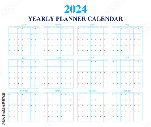 2024 Calendar design and yearly planning templates with Saturday and Sunday red-marked vector.