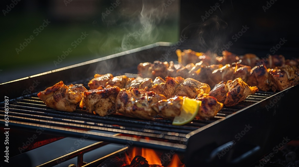 Delicious Chicken Tikka Skewers with Spices and Herbs Grilled over Charcoal Fire