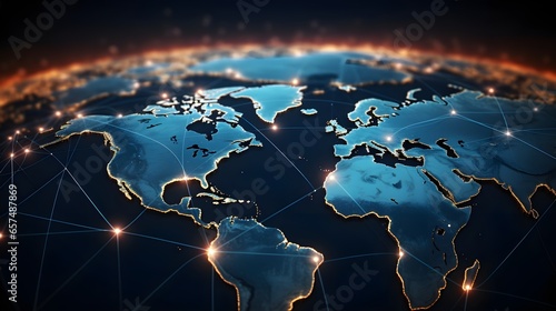 Digital Global Connectivity with Illuminated Nodes and Earth. Connection lines around the Earth's surface. Internet, social media, travel, or logistical concept. generative ai