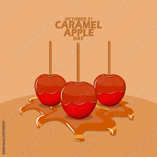 Three caramel apples with skewers and melted caramel on table with bold text on light brown background National Caramel Apple Day on October 31