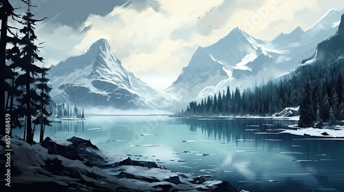 Serene Winter Mountain Landscape with Foggy Lake and Snow-Covered Peaks - Digital Painting