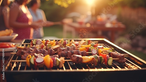 Joyful Backyard Barbecue Gathering with Friends and Family Grilling Skewers  Smoke-Filled Air  and Picnic Tables